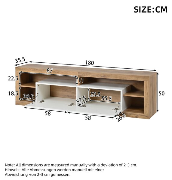 TV stolek o rozměrech 180x35,5x50 cm vyrobený z dřevotřísky s povrchem imitujícím přírodní dřevo a bílou barvou, s úložným prostorem a LED osvětlením ovládaným aplikací, určený do obývacího pokoje