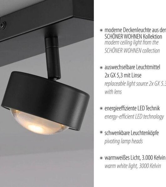 LD 12053-18 Kolekce Schöner Wohnen stropní svítidlo bodové svítidlo KULU, černá, 2-ramenné, nastavitelné a otočné, 3000K - JUST LIGHT