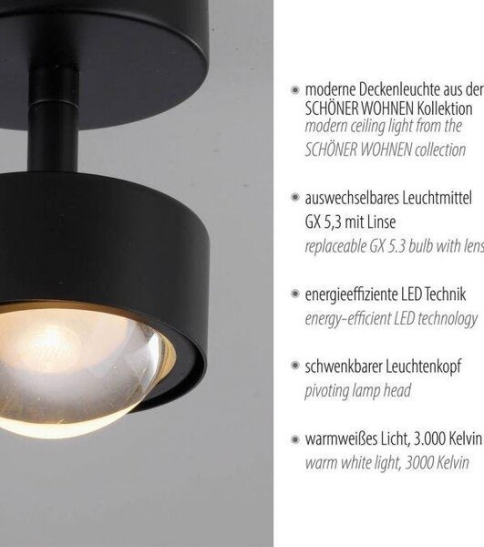 LD 12052-18 Kolekce Schöner Wohnen stropní svítidlo bodové svítidlo KULU, černá, 1-ramenné, nastavitelné a otočné, 3000K - JUST LIGHT