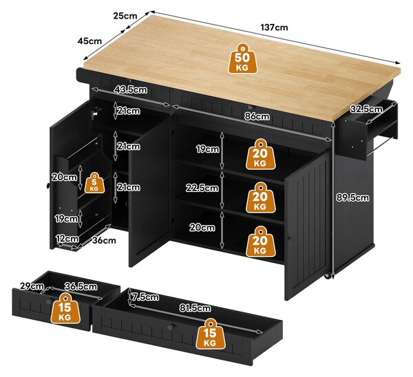 Kuchyňský ostrov s výklopnou pracovní deskou, mobilní kuchyňská skříňka s aretovatelnými kolečky, rozměry 137x89,5x45 cm, černá barva s dřevěným dekorem