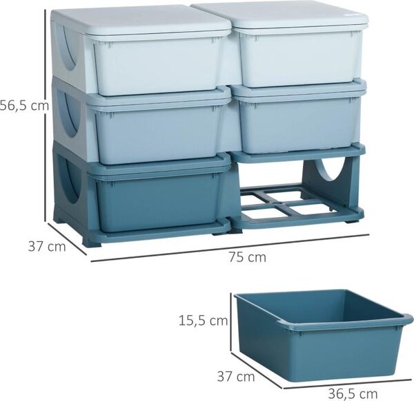 Komoda Moonbite s 6 vyjímatelnými boxy, dětská skříňka pro úklid, odolná sedací plocha, nosnost 10 kg na přihrádku, plast, modrá barva