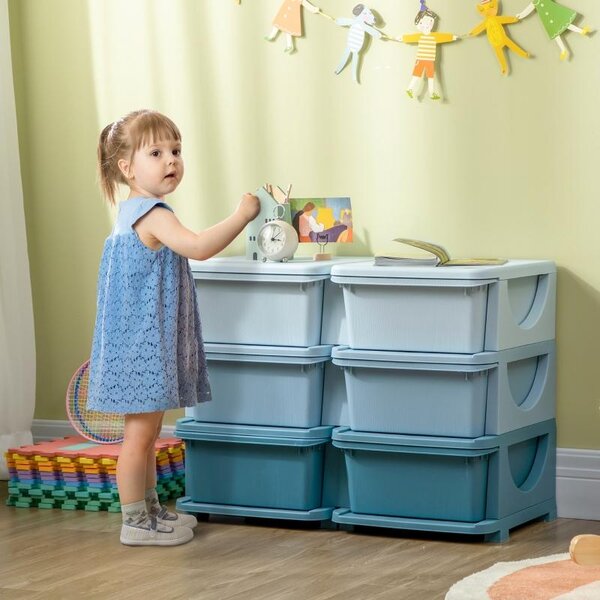 Komoda Moonbite s 6 vyjímatelnými boxy, dětská skříňka pro úklid, odolná sedací plocha, nosnost 10 kg na přihrádku, plast, modrá barva