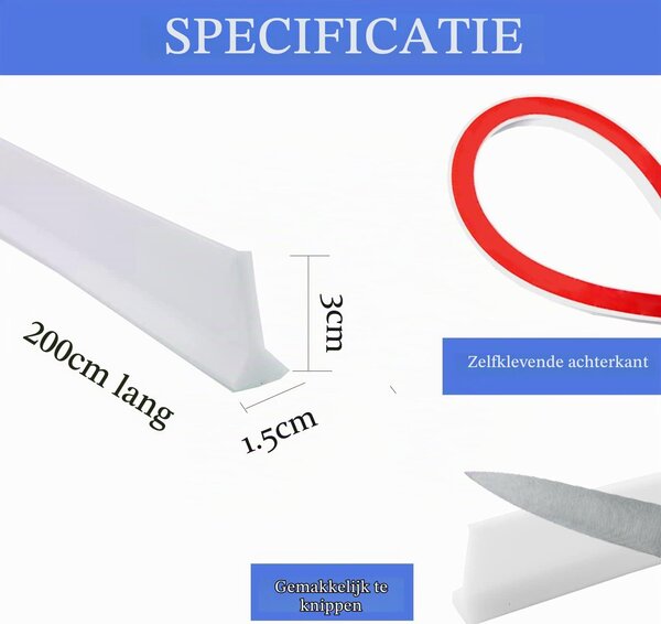 Zářezová stěrka do sprchy - Gumová - Samolepicí - 200 cm - Pro sprchový kout a koupelnu