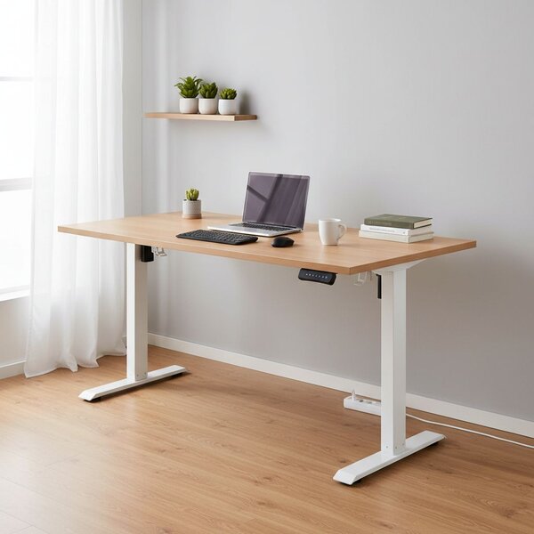 Výškově nastavitelný stůl OfficeTech B, 160 x 80 cm, bílá podnož, buk