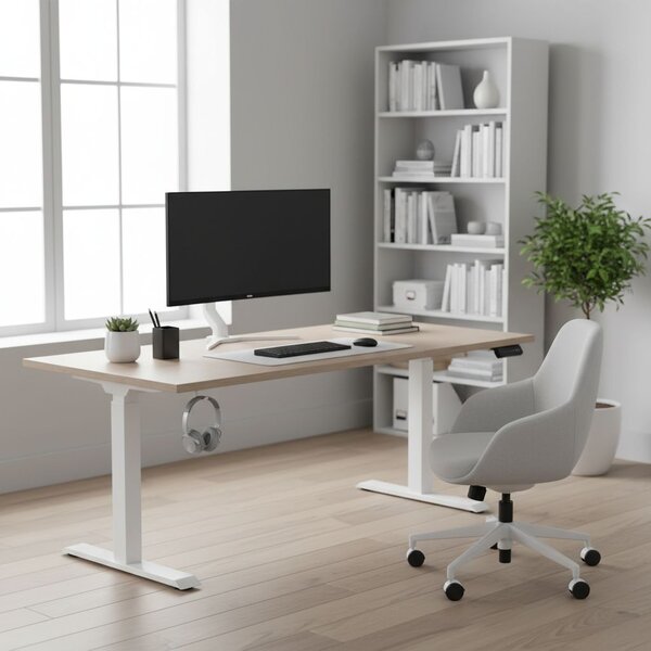 Výškově nastavitelný stůl OfficeTech D, 200 x 80 cm, bílá podnož, dub