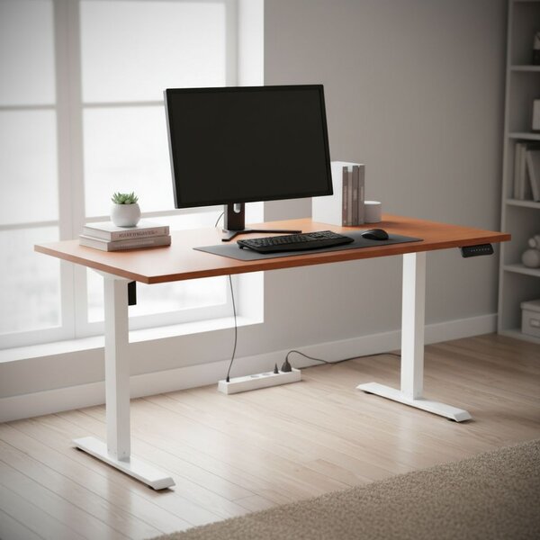 Výškově nastavitelný stůl OfficeTech B, 160 x 80 cm, bílá podnož, třešeň
