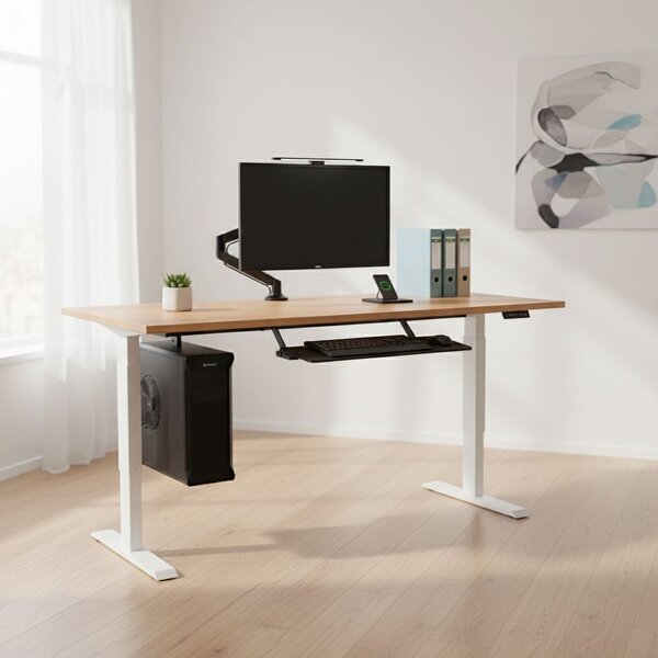 Výškově nastavitelný stůl OfficeTech A, 160 x 80 cm, bílá podnož, buk