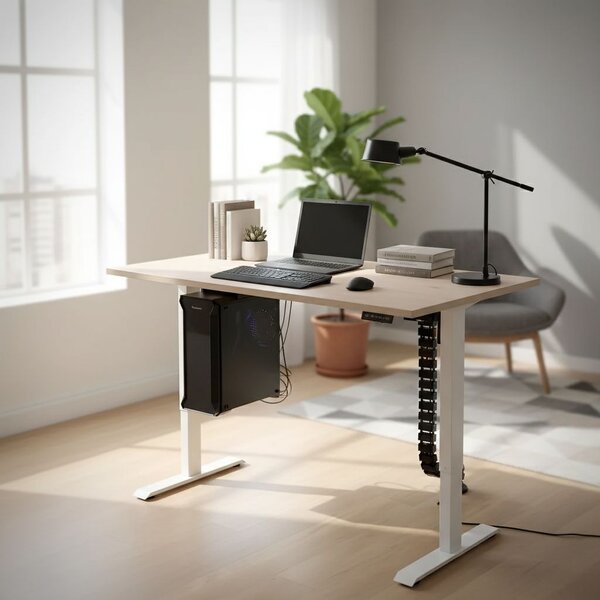 Výškově nastavitelný stůl OfficeTech D, 140 x 80 cm, bílá podnož, dub