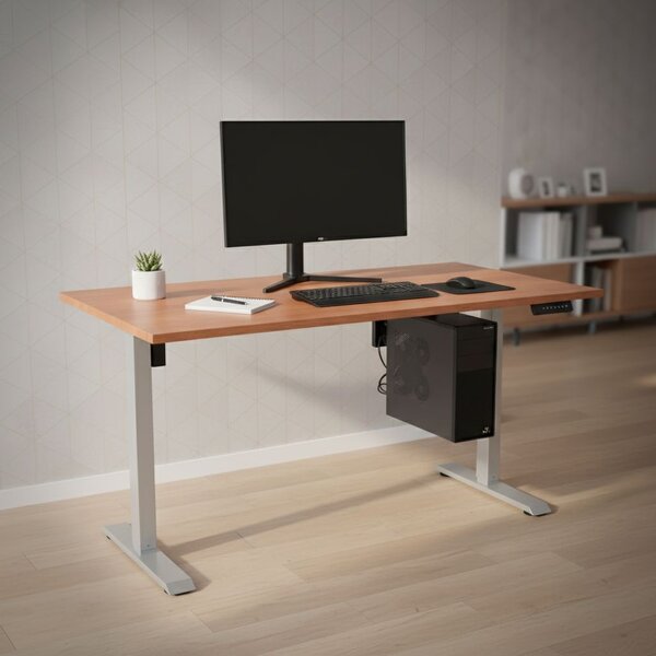 Výškově nastavitelný stůl OfficeTech B, 140 x 80 cm, šedá podnož, třešeň