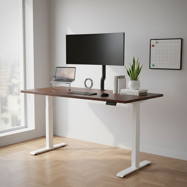 Výškově nastavitelný stůl OfficeTech D, 160 x 80 cm, bílá podnož, ořech