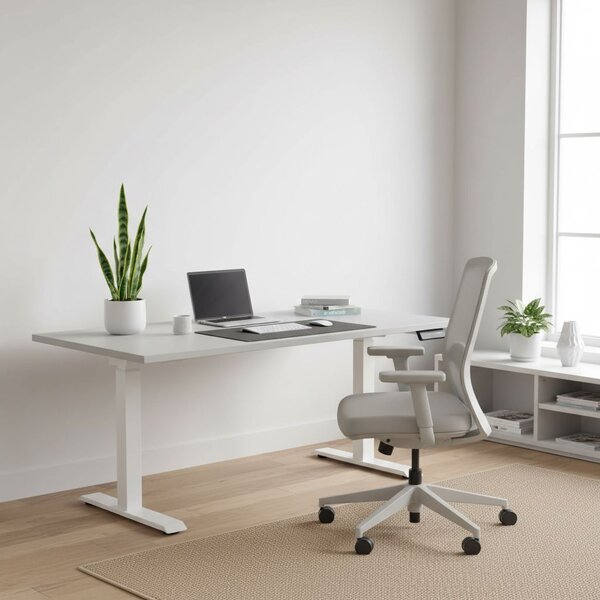 Výškově nastavitelný stůl OfficeTech D, 160 x 80 cm, bílá podnož, světle šedá