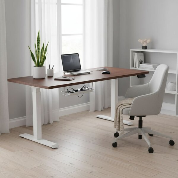 Výškově nastavitelný stůl OfficeTech D, 200 x 80 cm, bílá podnož, ořech