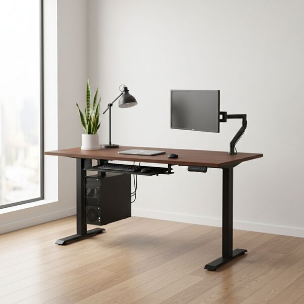 Výškově nastavitelný stůl OfficeTech B, 160 x 80 cm, černá podnož, ořech