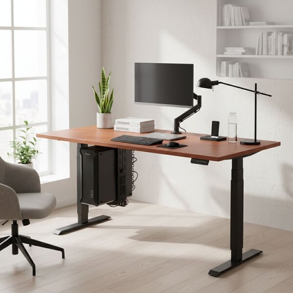 Výškově nastavitelný stůl OfficeTech D, 180 x 80 cm, černá podnož, třešeň
