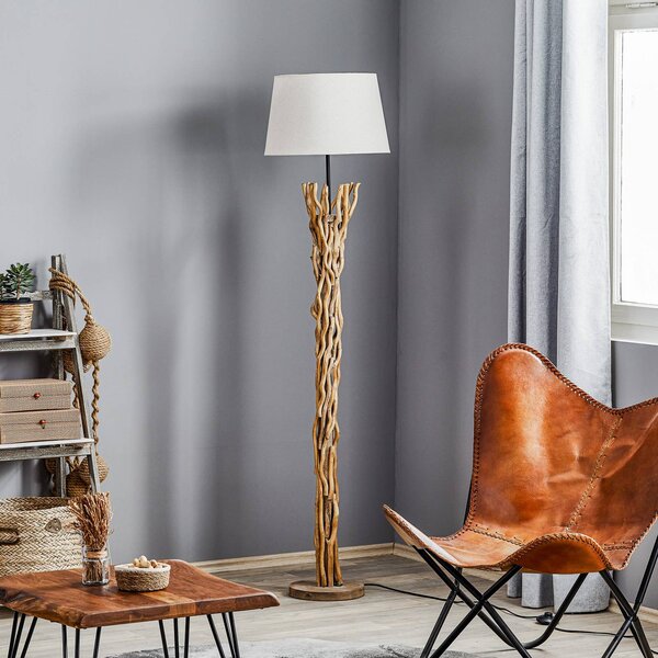 ONLI Stojací lampa Agar s látkovým stínidlem a dřevěným prvkem, Krémová / jantar, Obývací pokoj / jídelna, Textil / tkanina / hedvábí