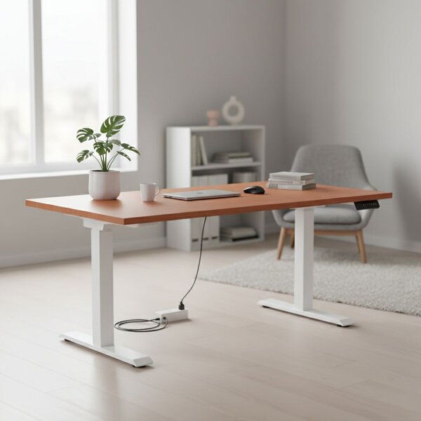 Výškově nastavitelný stůl OfficeTech D, 160 x 80 cm, bílá podnož, třešeň