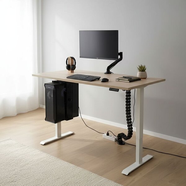 Výškově nastavitelný stůl OfficeTech D, 160 x 80 cm, bílá podnož, dub