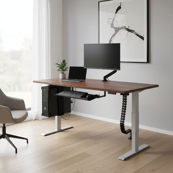 Výškově nastavitelný stůl OfficeTech A, 120 x 80 cm, šedá podnož, ořech
