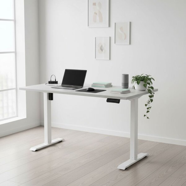Výškově nastavitelný stůl OfficeTech B, 120 x 80 cm, bílá podnož, světle šedá