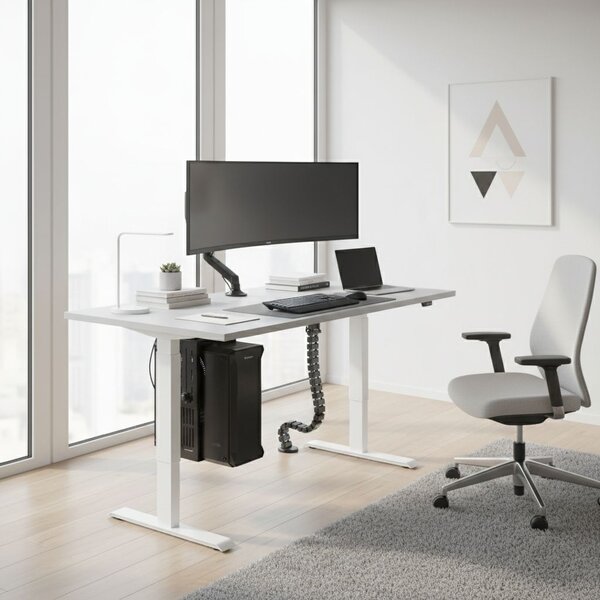 Výškově nastavitelný stůl OfficeTech A, 120 x 80 cm, bílá podnož, světle šedá