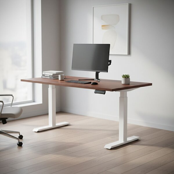 Výškově nastavitelný stůl OfficeTech D, 120 x 80 cm, bílá podnož, ořech