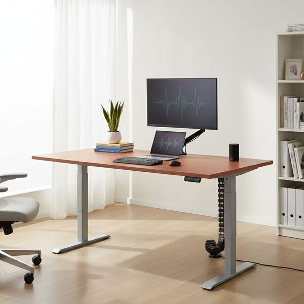 Výškově nastavitelný stůl OfficeTech D, 200 x 80 cm, šedá podnož, třešeň