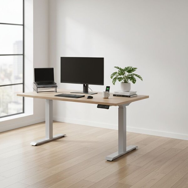 Výškově nastavitelný stůl OfficeTech D, 140 x 80 cm, šedá podnož, dub