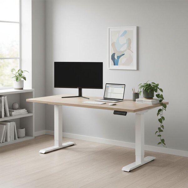 Výškově nastavitelný stůl OfficeTech D, 120 x 80 cm, bílá podnož, dub