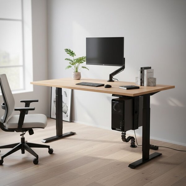 Výškově nastavitelný stůl OfficeTech A, 120 x 80 cm, černá podnož, buk