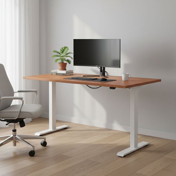 Výškově nastavitelný stůl OfficeTech A, 120 x 80 cm, bílá podnož, třešeň