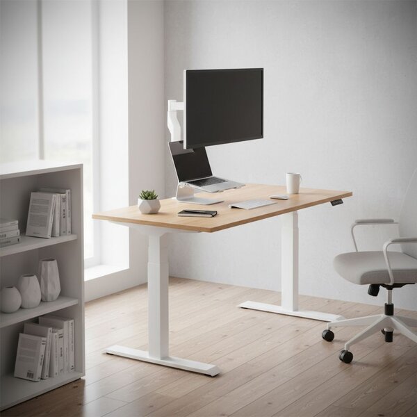 Výškově nastavitelný stůl OfficeTech D, 120 x 80 cm, bílá podnož, buk
