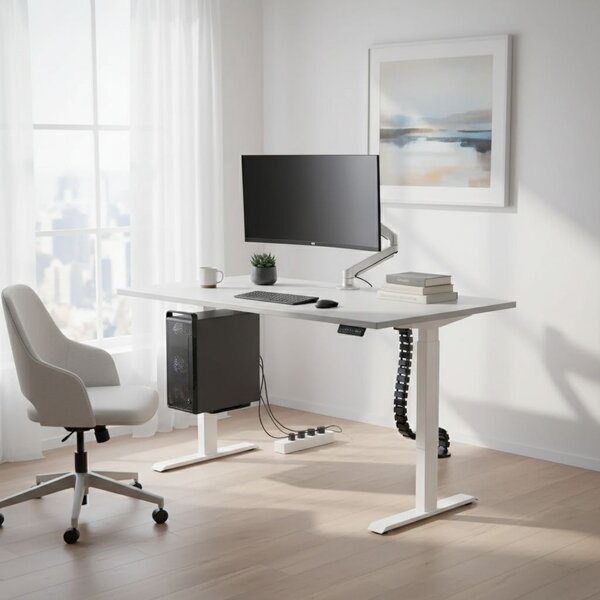 Výškově nastavitelný stůl OfficeTech D, 120 x 80 cm, bílá podnož, světle šedá
