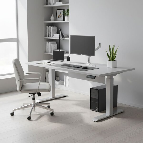 Výškově nastavitelný stůl OfficeTech D, 160 x 80 cm, šedá podnož, světle šedá