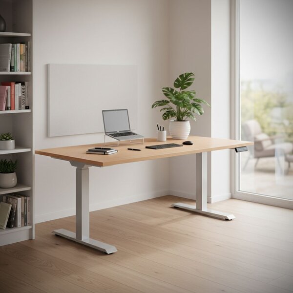 Výškově nastavitelný stůl OfficeTech D, 180 x 80 cm, šedá podnož, buk