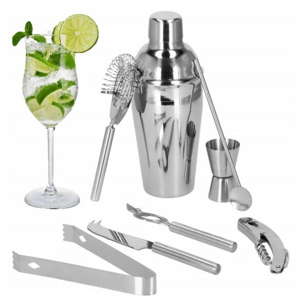 Barmanská sada s dřevěným stojanem 9 dílů, nerezová SPRINGOS MARTINI