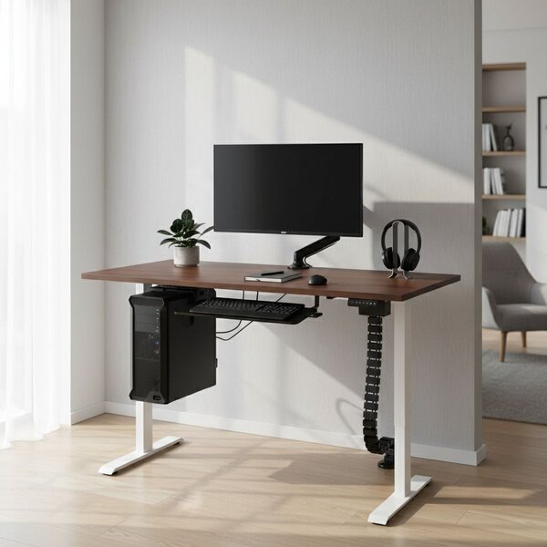 Výškově nastavitelný stůl OfficeTech C, 120 x 80 cm, bílá podnož, ořech