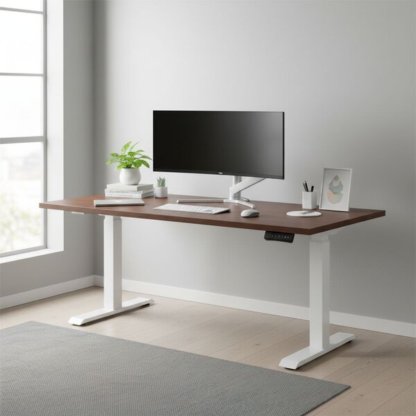 Výškově nastavitelný stůl OfficeTech C, 160 x 80 cm, bílá podnož, ořech