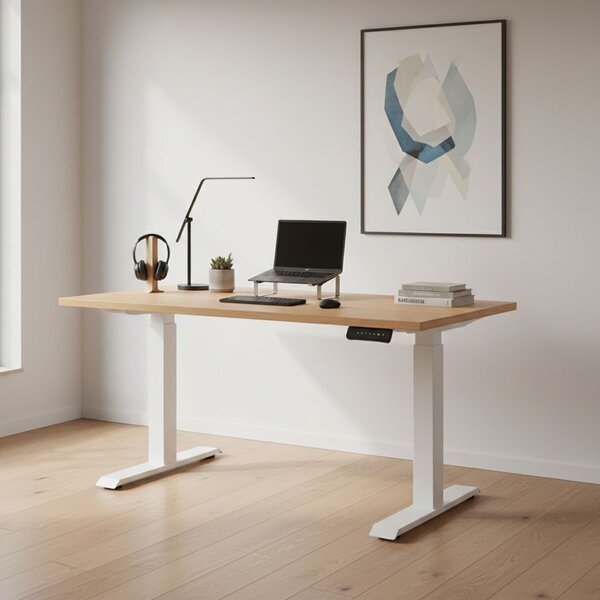 Výškově nastavitelný stůl OfficeTech C, 120 x 80 cm, bílá podnož, buk