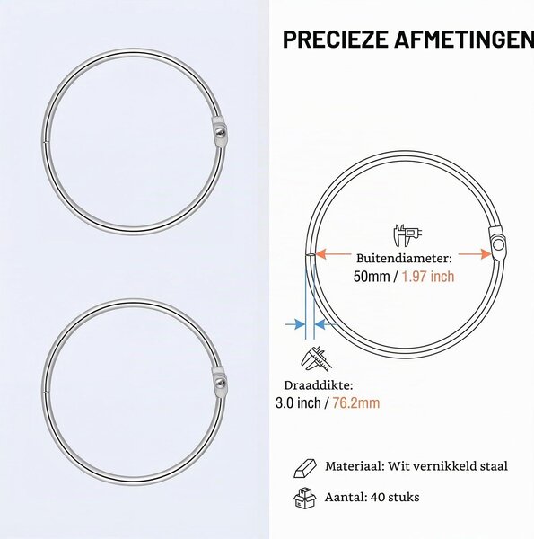 40 kusů kroužků na závěs do sprchy, stříbrné barvy, průměr 50 mm, kovové kroužky s možností otevírání