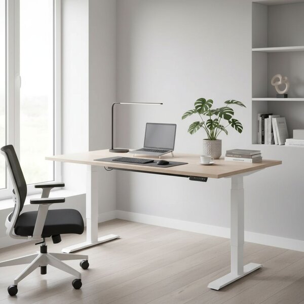 Výškově nastavitelný stůl OfficeTech C, 140 x 80 cm, bílá podnož, dub