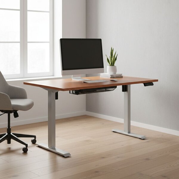 Výškově nastavitelný stůl OfficeTech B, 120 x 80 cm, šedá podnož, třešeň
