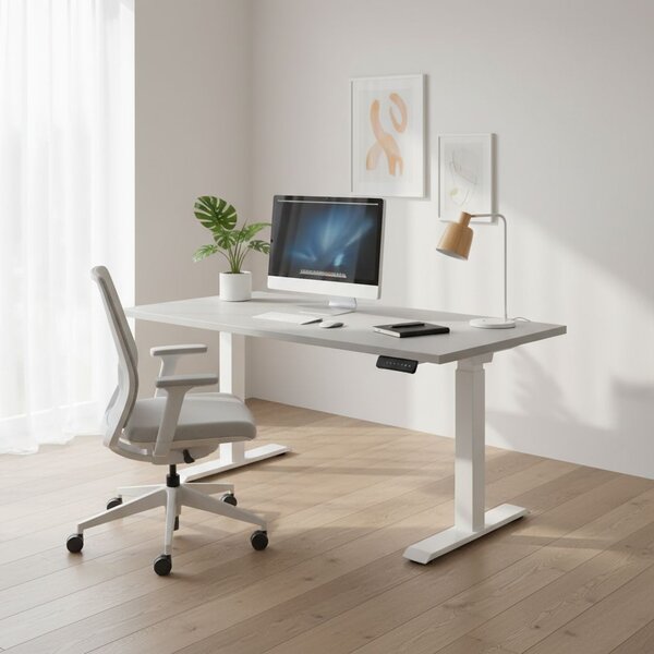 Výškově nastavitelný stůl OfficeTech C, 120 x 80 cm, bílá podnož, světle šedá