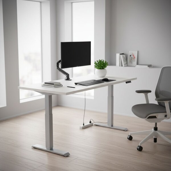 Výškově nastavitelný stůl OfficeTech A, 120 x 80 cm, šedá podnož, bílý jasan