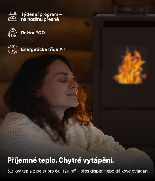 NEMAXX® PC5 peletová kamna 5,3 kW A+ kompaktní, 120 m³, ovladač, šedá