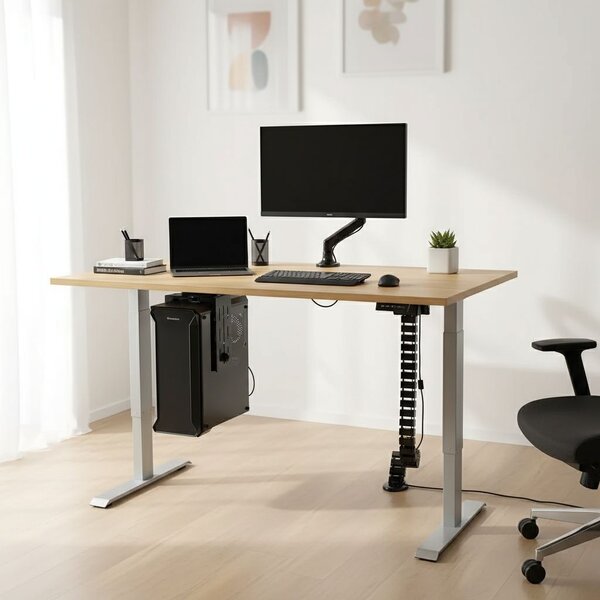 Výškově nastavitelný stůl OfficeTech A, 120 x 80 cm, šedá podnož, dub kamenný