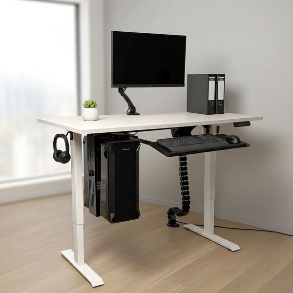 Výškově nastavitelný stůl OfficeTech B, 120 x 80 cm, bílá podnož, bílý jasan