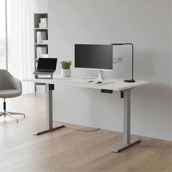 Výškově nastavitelný stůl OfficeTech B, 120 x 80 cm, šedá podnož, bílý jasan