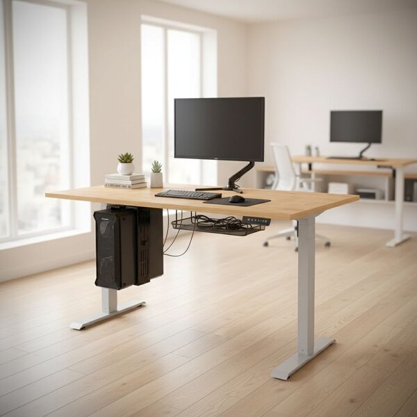 Výškově nastavitelný stůl OfficeTech B, 120 x 80 cm, šedá podnož, dub kamenný