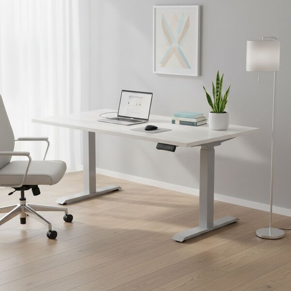 Výškově nastavitelný stůl OfficeTech D, 120 x 80 cm, šedá podnož, bílý jasan