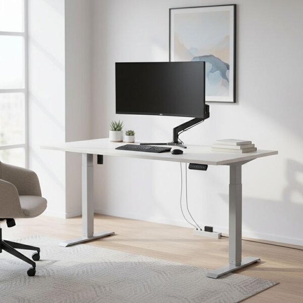Výškově nastavitelný stůl OfficeTech B, 160 x 80 cm, šedá podnož, bílý jasan